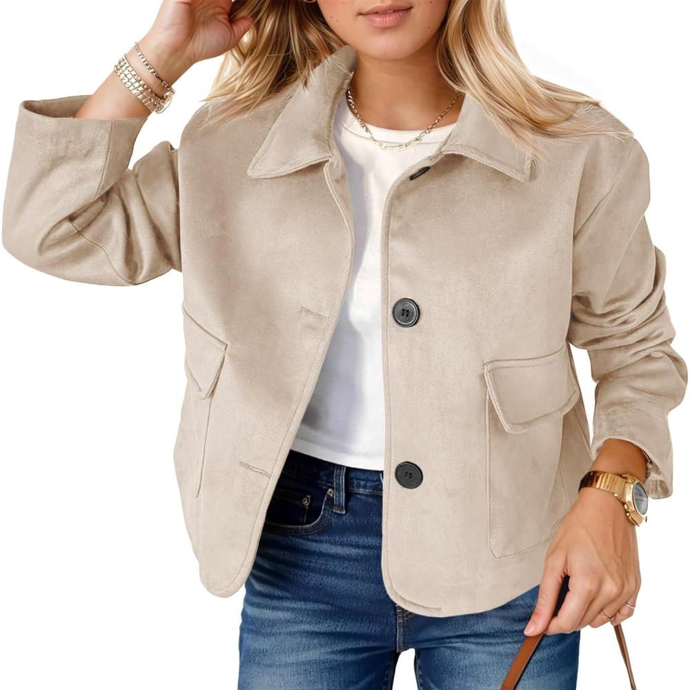 imageTankaneo Womens Faux Suede Leather Jackets Casual Cropped Coats Vintage Button Down ShacketsBeige