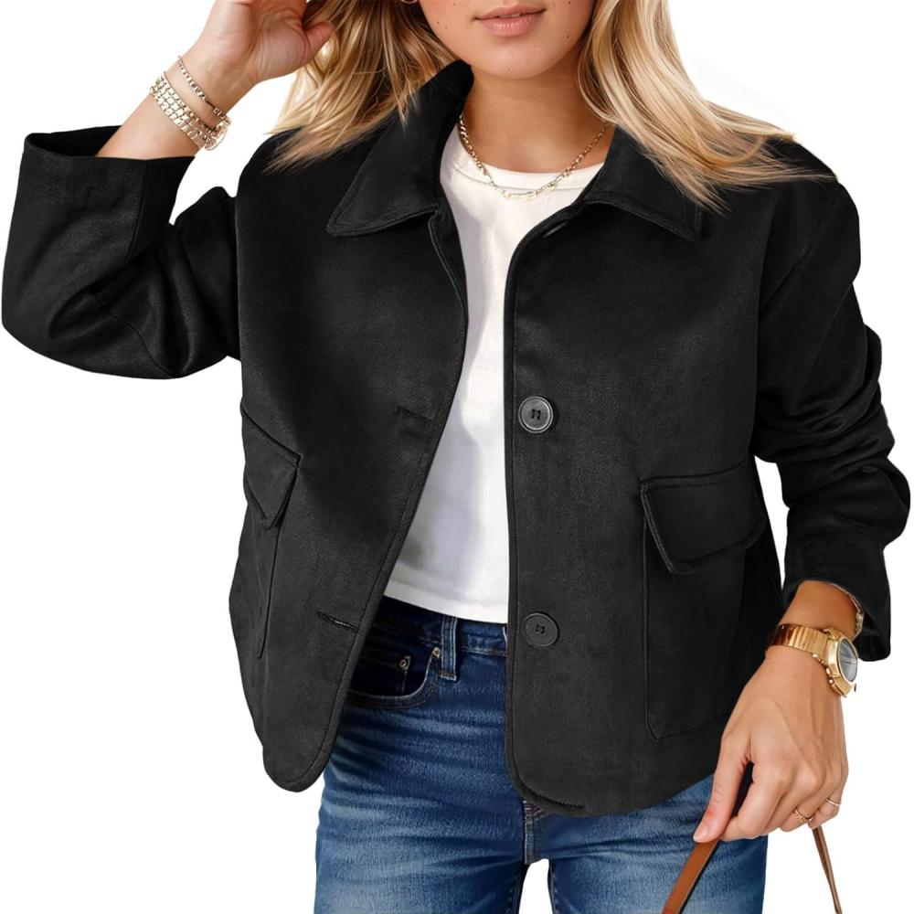 imageTankaneo Womens Faux Suede Leather Jackets Casual Cropped Coats Vintage Button Down ShacketsBlack