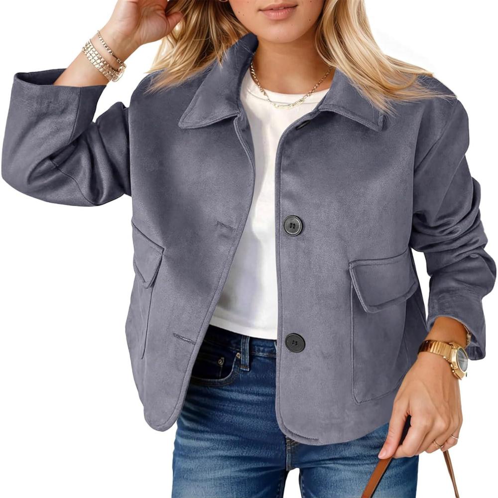 imageTankaneo Womens Faux Suede Leather Jackets Casual Cropped Coats Vintage Button Down ShacketsDark Grey
