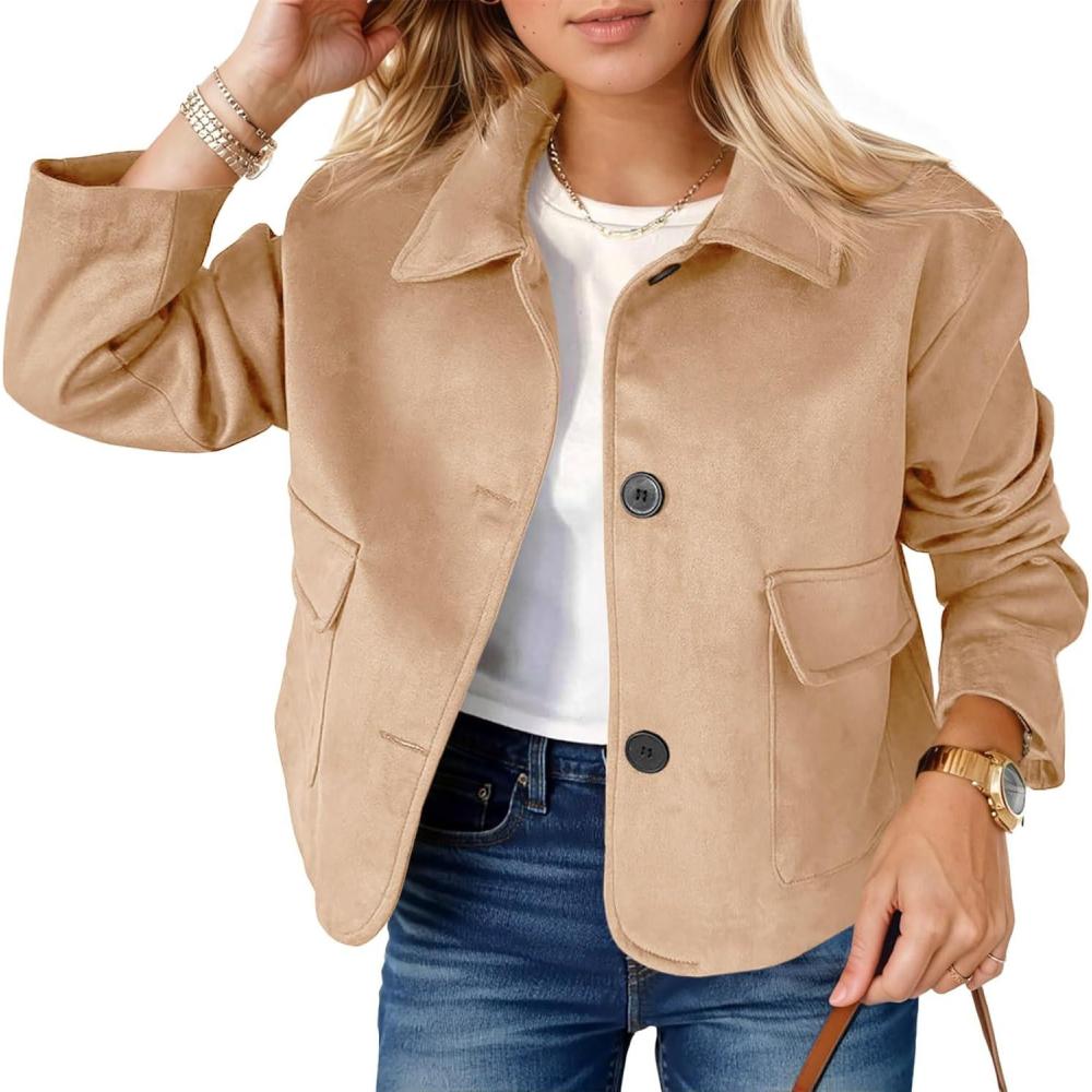 imageTankaneo Womens Faux Suede Leather Jackets Casual Cropped Coats Vintage Button Down ShacketsKhaki
