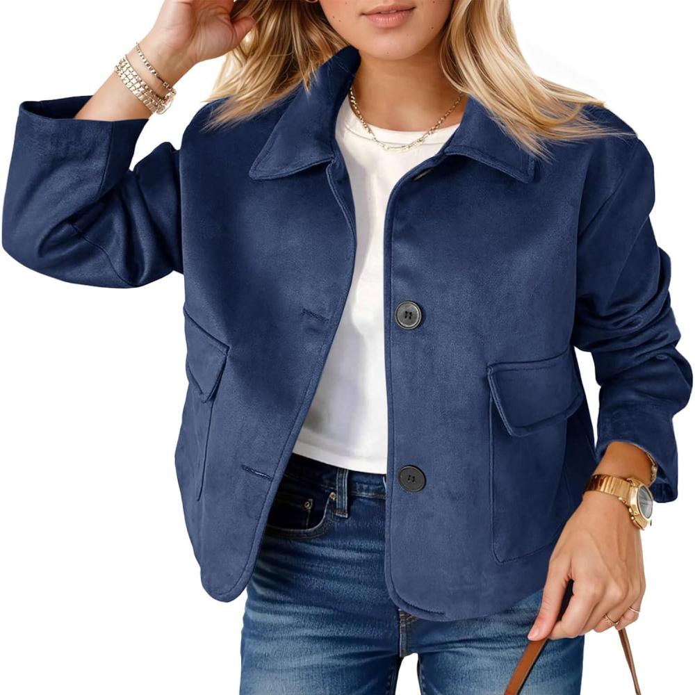 imageTankaneo Womens Faux Suede Leather Jackets Casual Cropped Coats Vintage Button Down ShacketsNavy