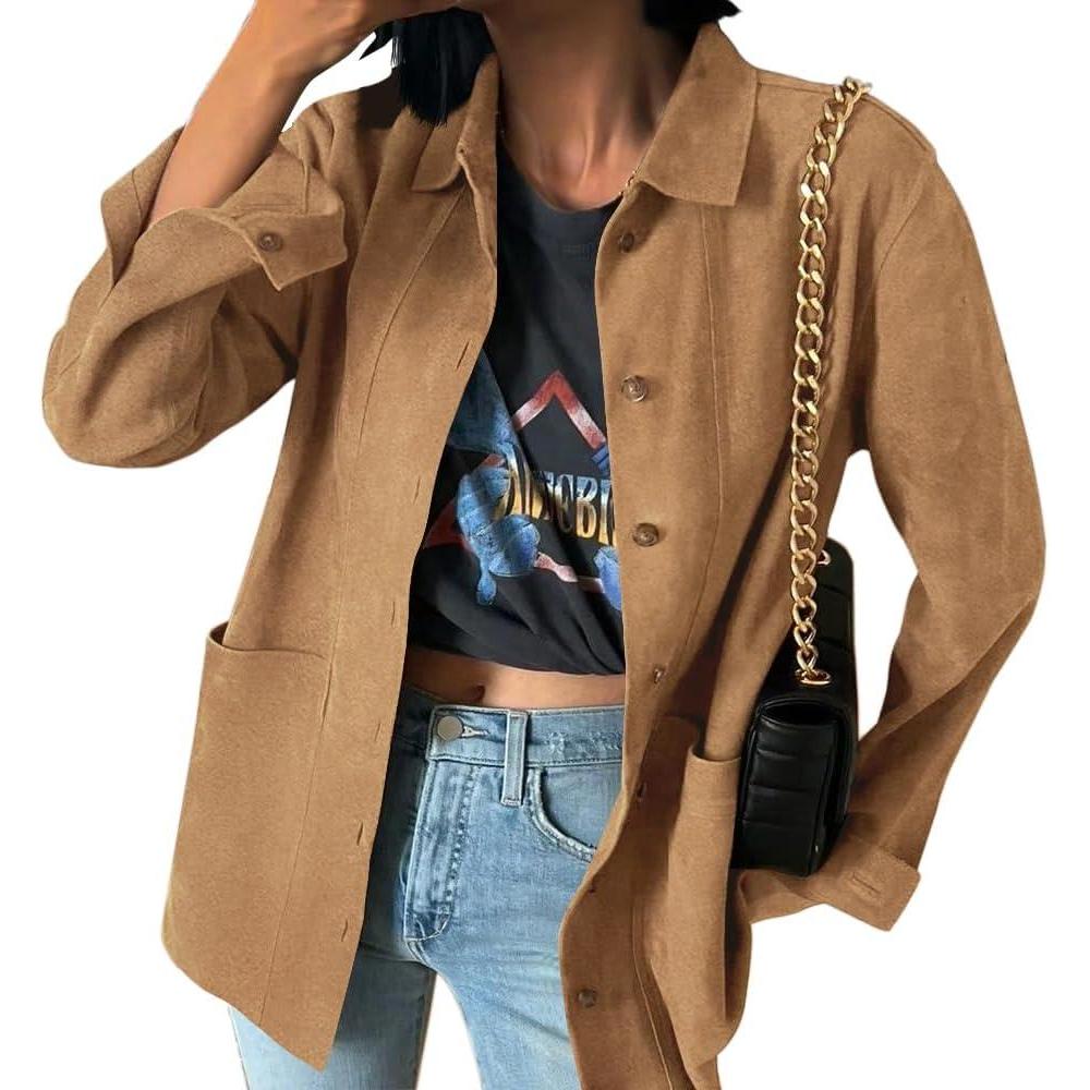 imageTankaneo Womens Faux Suede Shirts Jackets Casual Button Down Long Sleeve Shackets Coat Trendy 2025 Spring Clothes