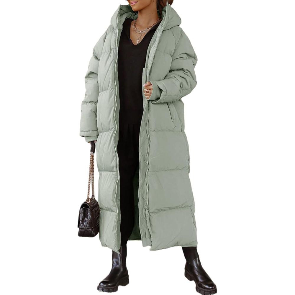 imageTankaneo Womens Hooded Long Quilted Coat Maxi Length Long Sleeve Puffer Jacket Warm Padded Coat Thick Winter OuterwearLight Green