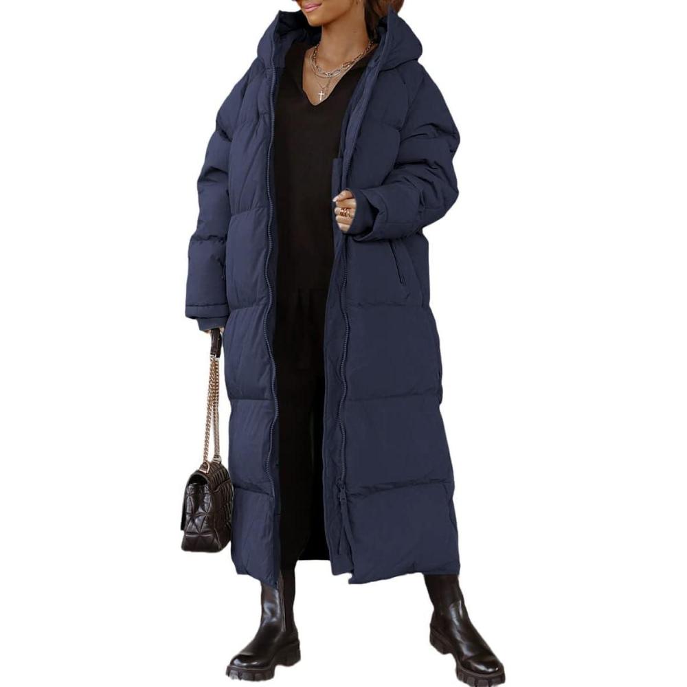 imageTankaneo Womens Hooded Long Quilted Coat Maxi Length Long Sleeve Puffer Jacket Warm Padded Coat Thick Winter OuterwearNavy