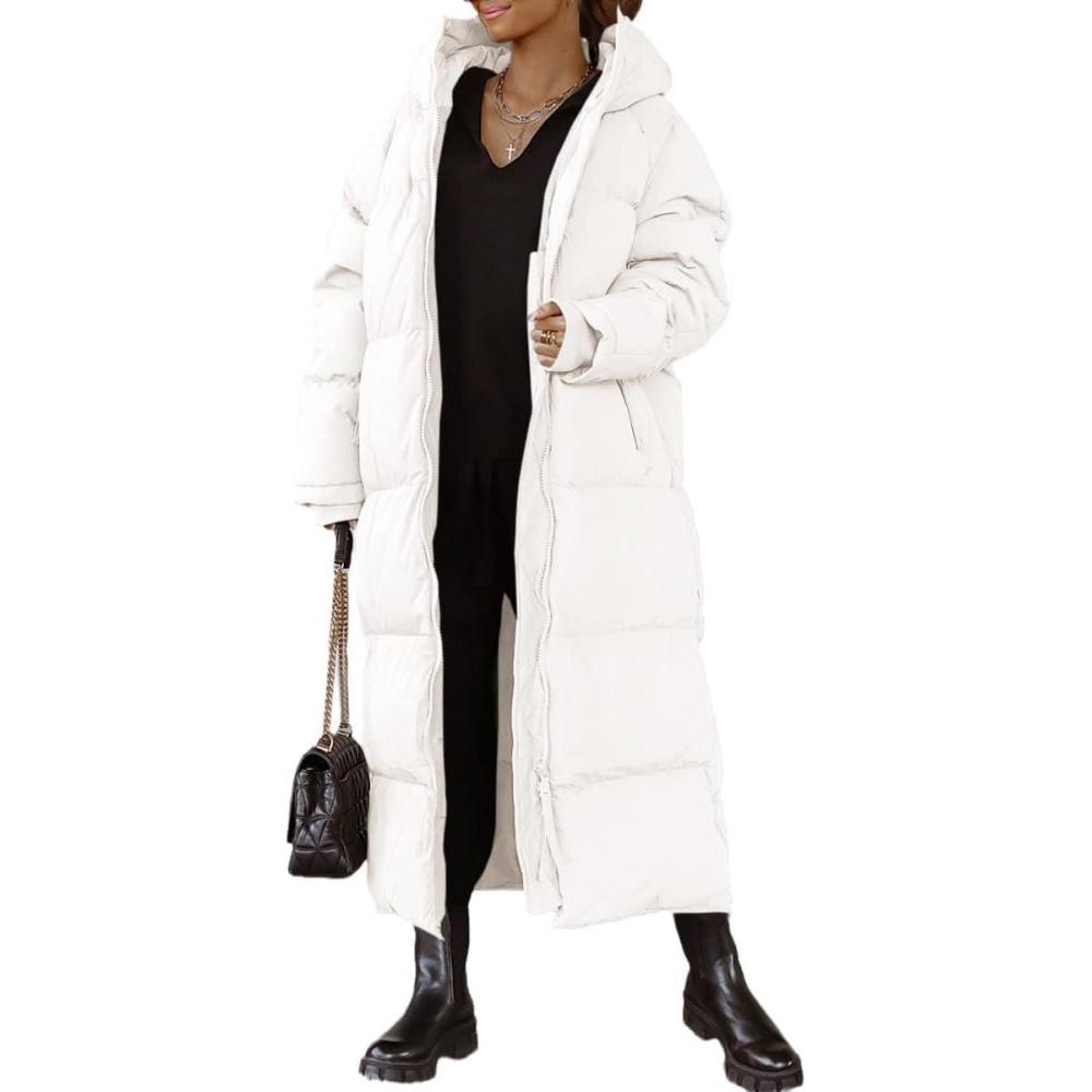 imageTankaneo Womens Hooded Long Quilted Coat Maxi Length Long Sleeve Puffer Jacket Warm Padded Coat Thick Winter OuterwearWhite