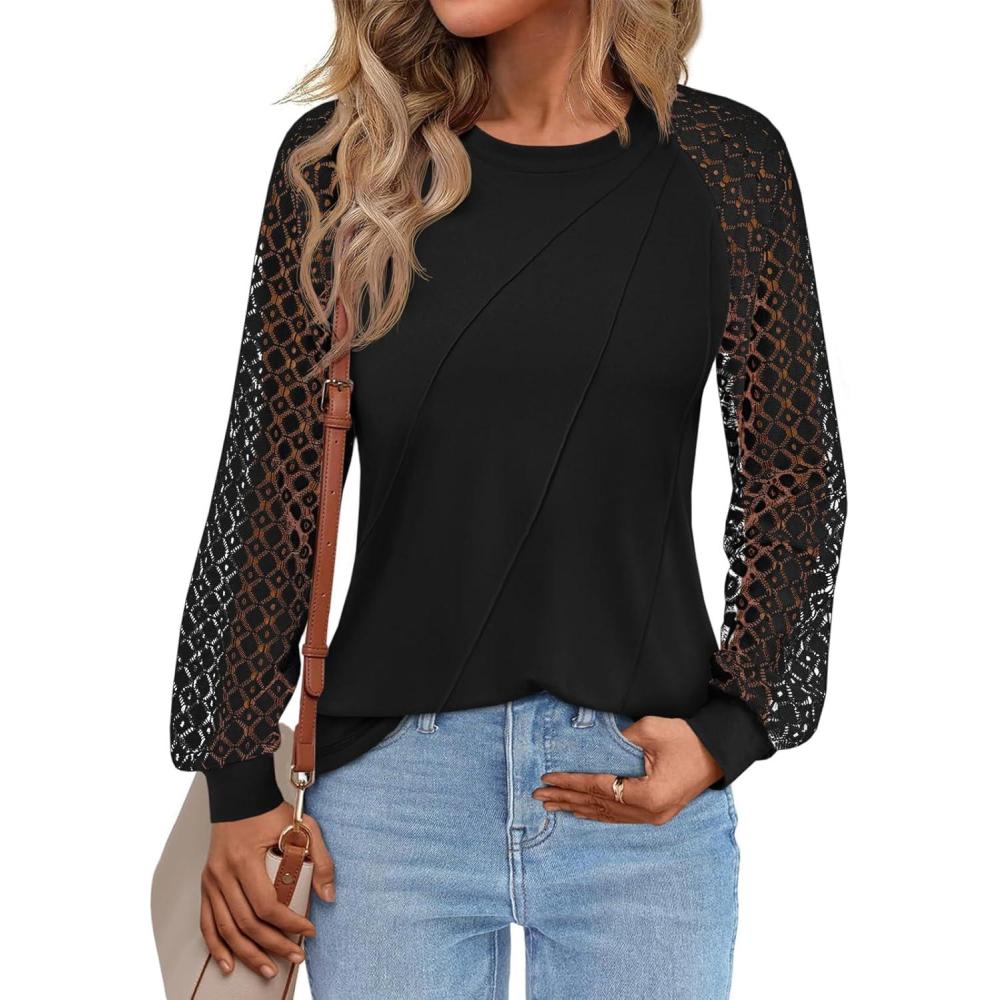 imageTankaneo Womens Lace Puff Long Sleeve Tunic Tops Hollow Out Casual Dressy Work Blouse Loose Fit Crew Neck Seam ShirtsBlack