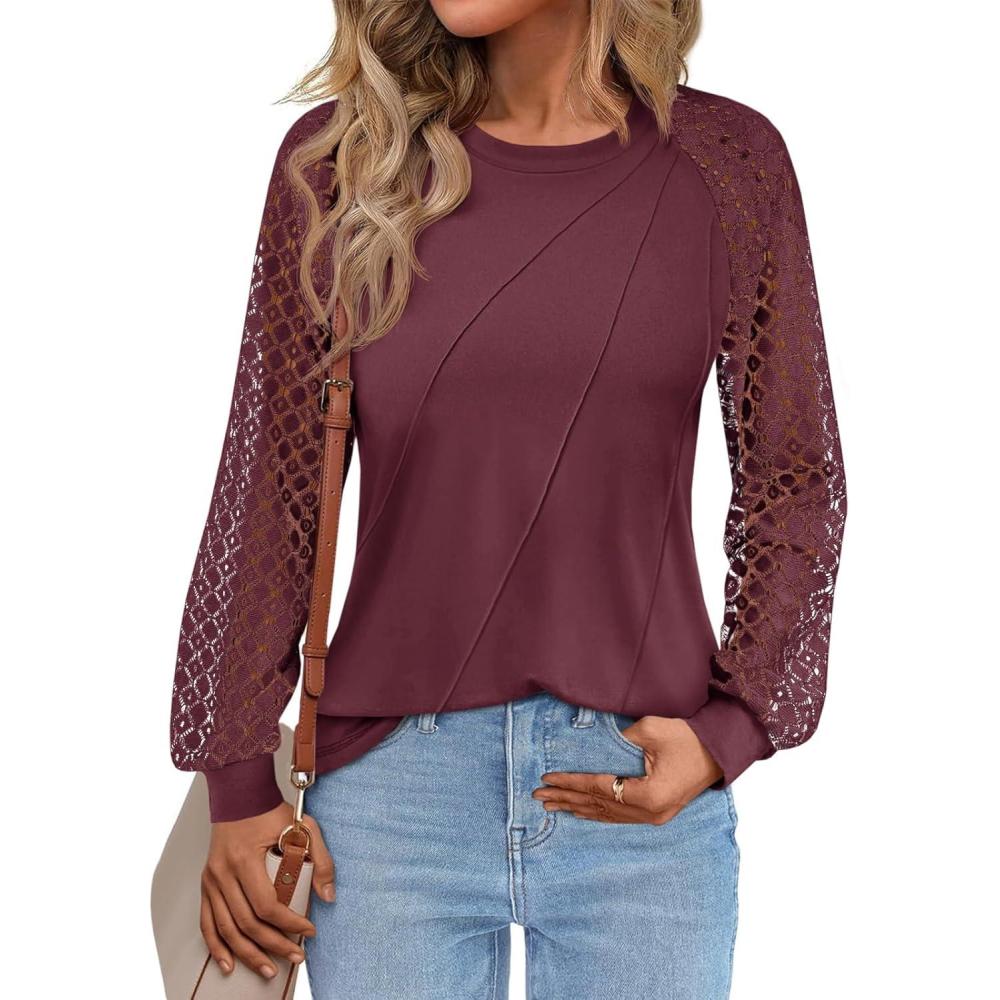 imageTankaneo Womens Lace Puff Long Sleeve Tunic Tops Hollow Out Casual Dressy Work Blouse Loose Fit Crew Neck Seam ShirtsBurgundy
