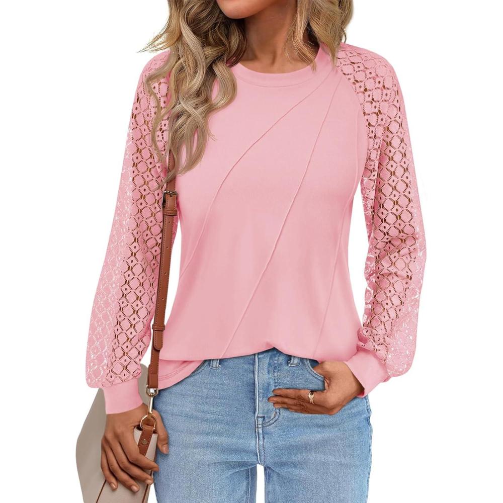 imageTankaneo Womens Lace Puff Long Sleeve Tunic Tops Hollow Out Casual Dressy Work Blouse Loose Fit Crew Neck Seam ShirtsPink
