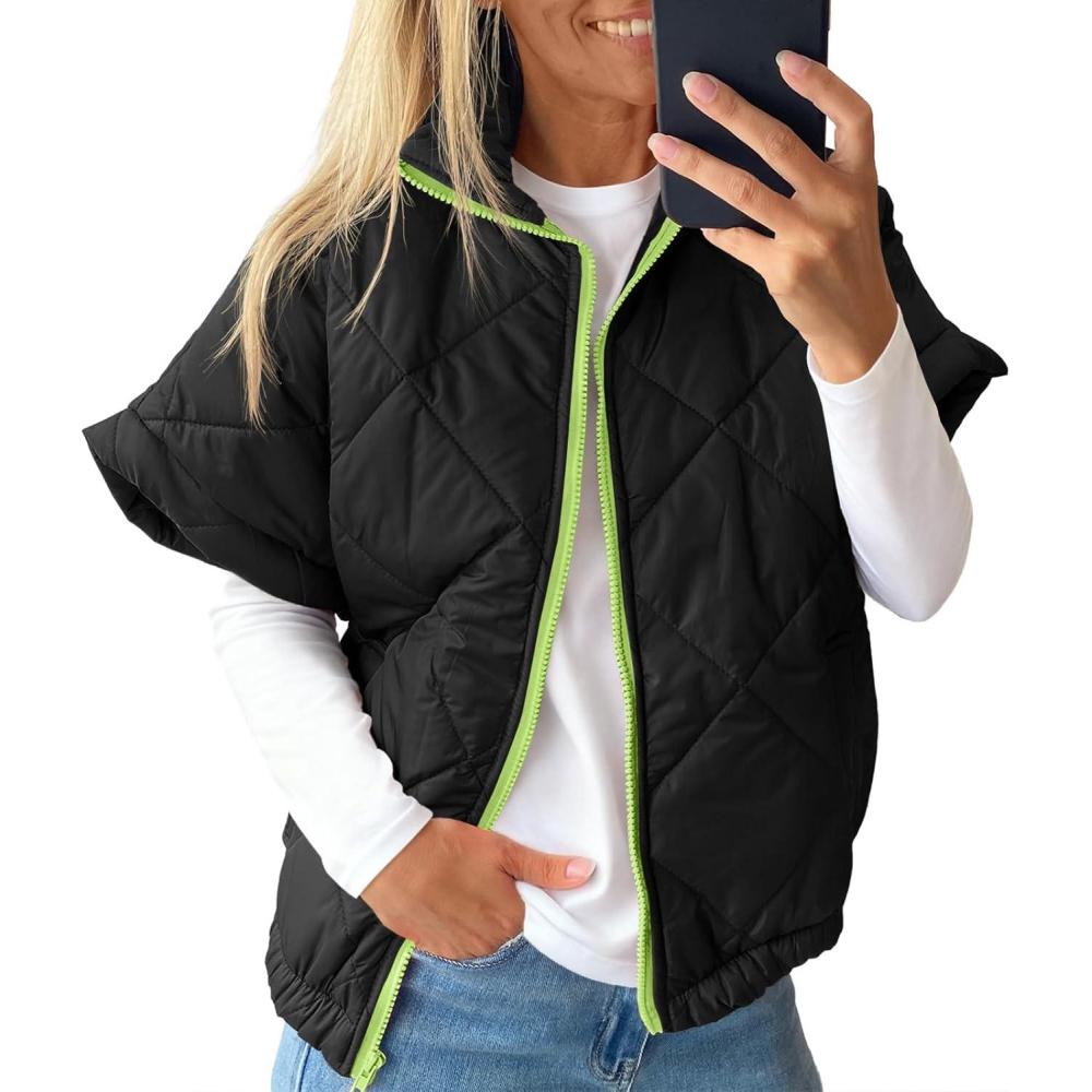 imageTankaneo Womens Lightweight Puffer Vests Sleeveless Quilted Jackets Short Sleeve Zip Up Vest Oversized Warm OuterwearBlack