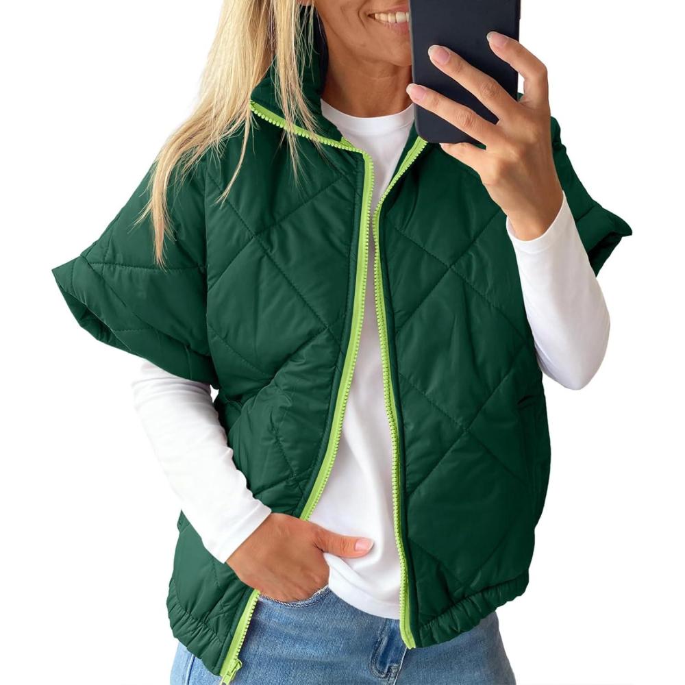 imageTankaneo Womens Lightweight Puffer Vests Sleeveless Quilted Jackets Short Sleeve Zip Up Vest Oversized Warm OuterwearDark Green