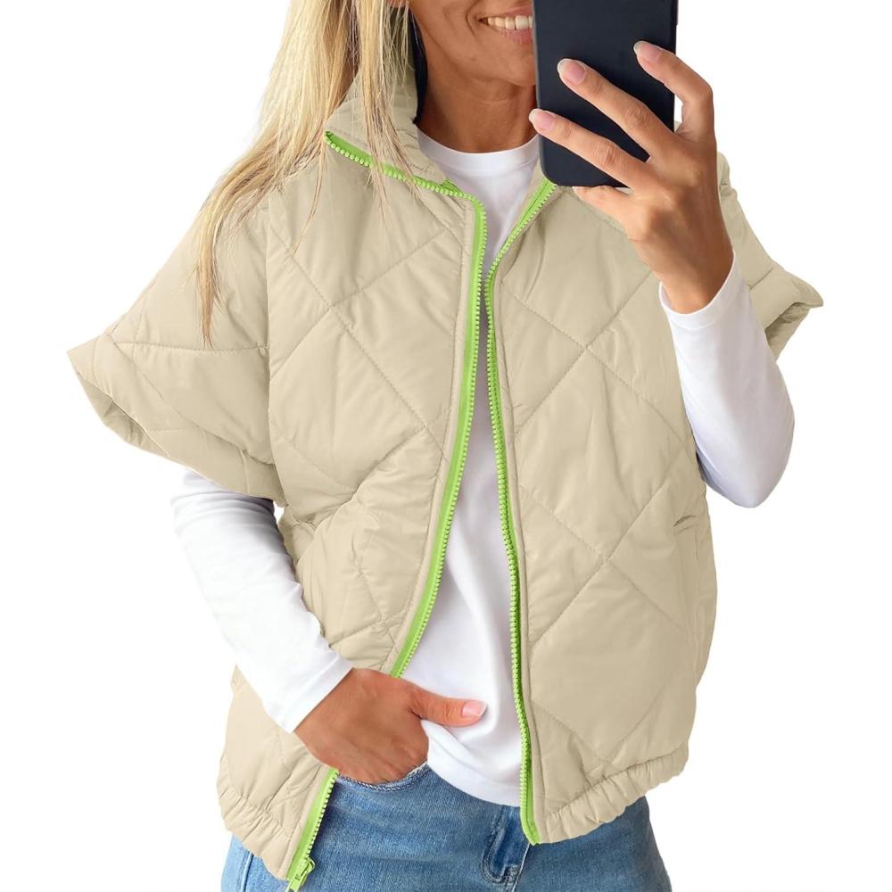 imageTankaneo Womens Lightweight Puffer Vests Sleeveless Quilted Jackets Short Sleeve Zip Up Vest Oversized Warm OuterwearKhaki