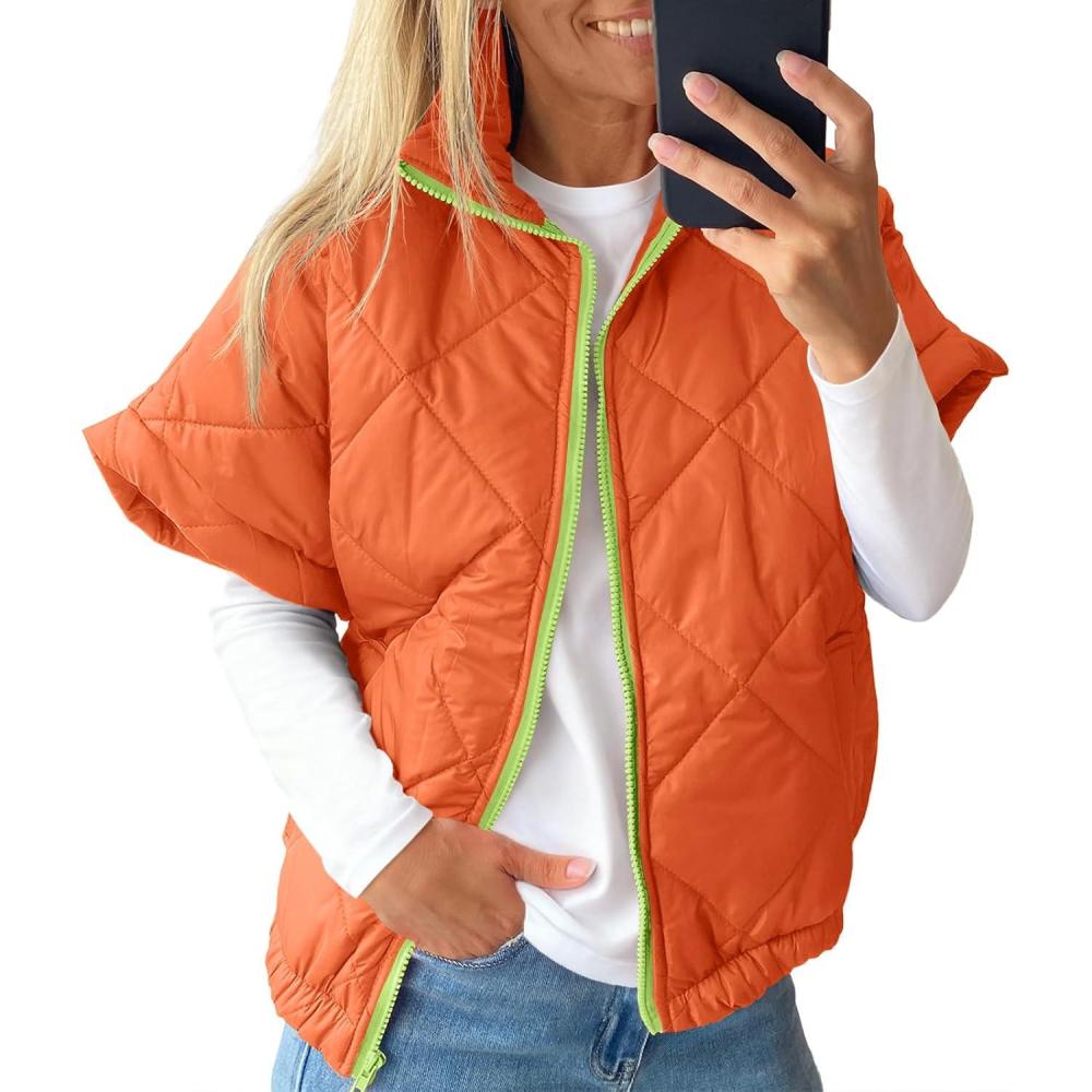imageTankaneo Womens Lightweight Puffer Vests Sleeveless Quilted Jackets Short Sleeve Zip Up Vest Oversized Warm OuterwearOrange
