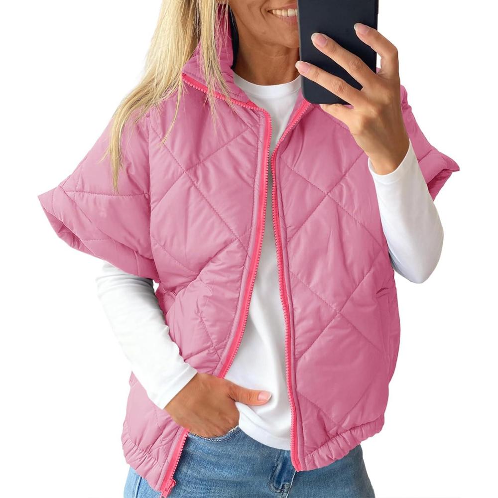 imageTankaneo Womens Lightweight Puffer Vests Sleeveless Quilted Jackets Short Sleeve Zip Up Vest Oversized Warm OuterwearPink