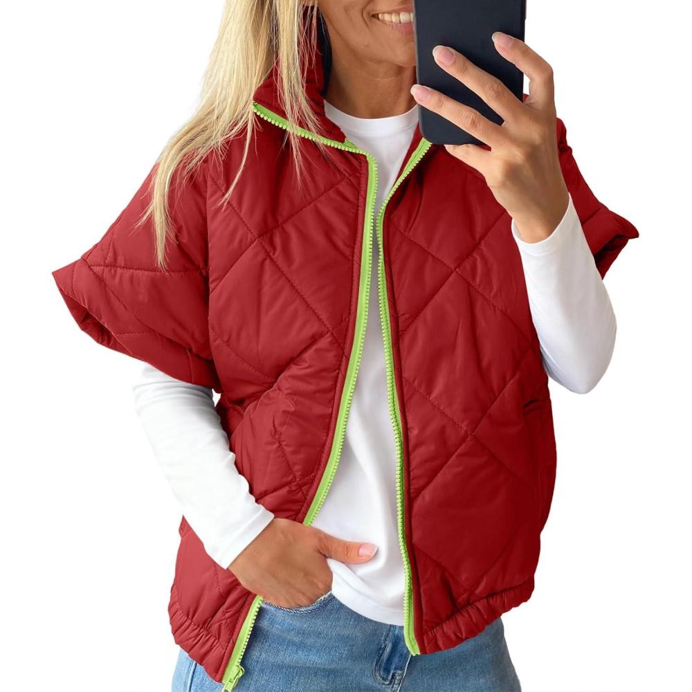imageTankaneo Womens Lightweight Puffer Vests Sleeveless Quilted Jackets Short Sleeve Zip Up Vest Oversized Warm OuterwearRed