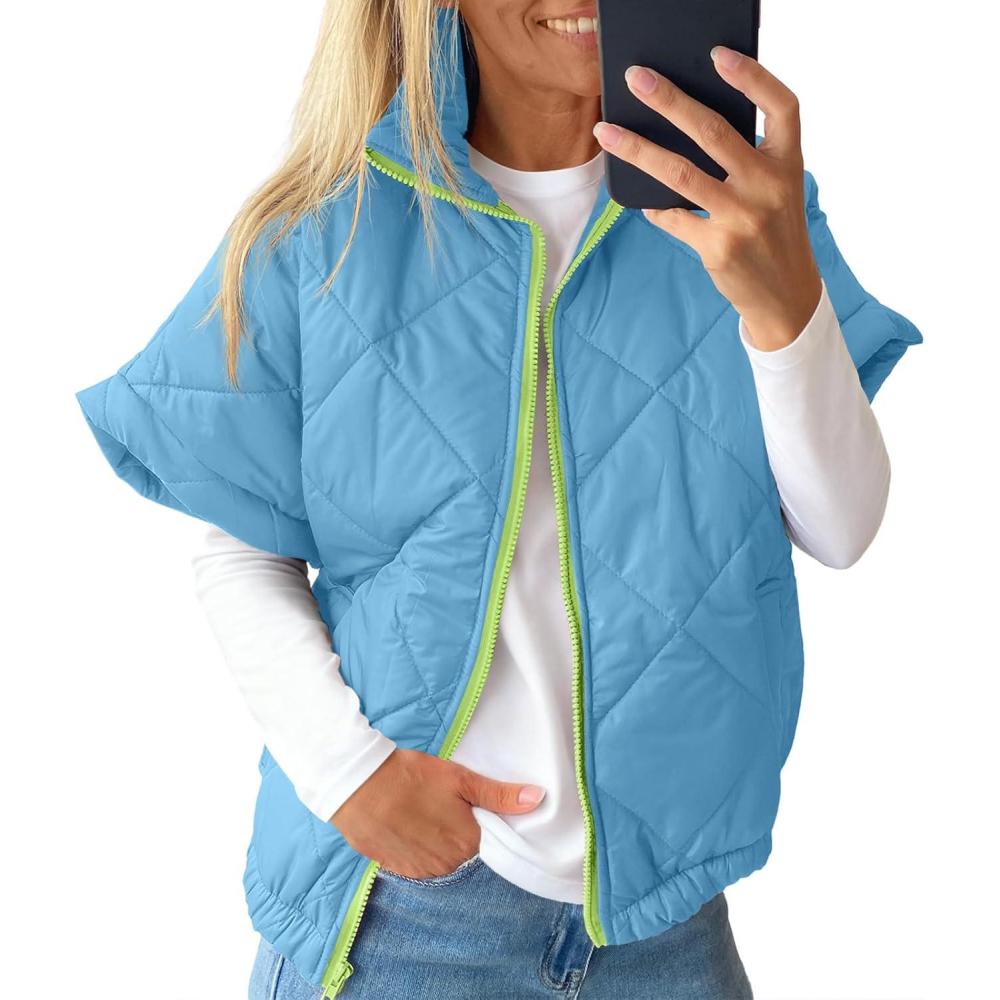 imageTankaneo Womens Lightweight Puffer Vests Sleeveless Quilted Jackets Short Sleeve Zip Up Vest Oversized Warm OuterwearSky Blue