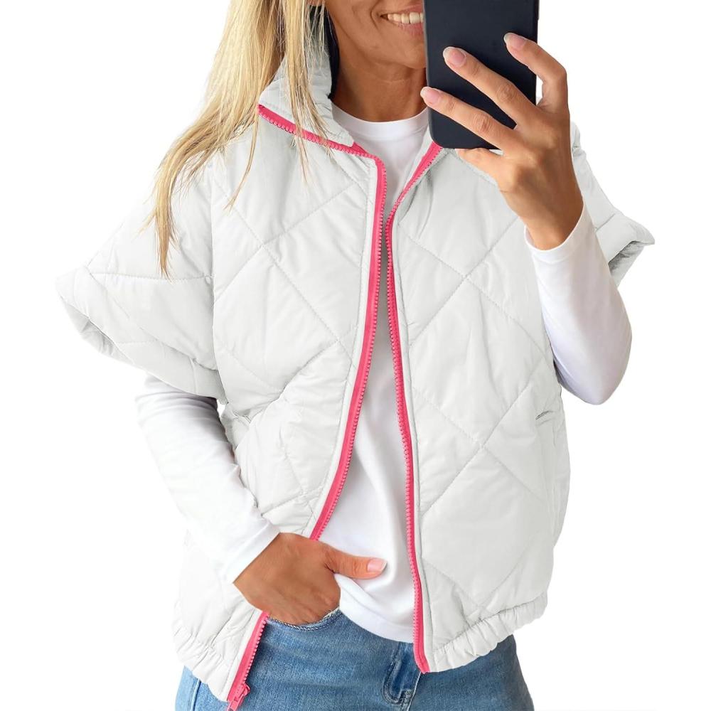 imageTankaneo Womens Lightweight Puffer Vests Sleeveless Quilted Jackets Short Sleeve Zip Up Vest Oversized Warm OuterwearWhite