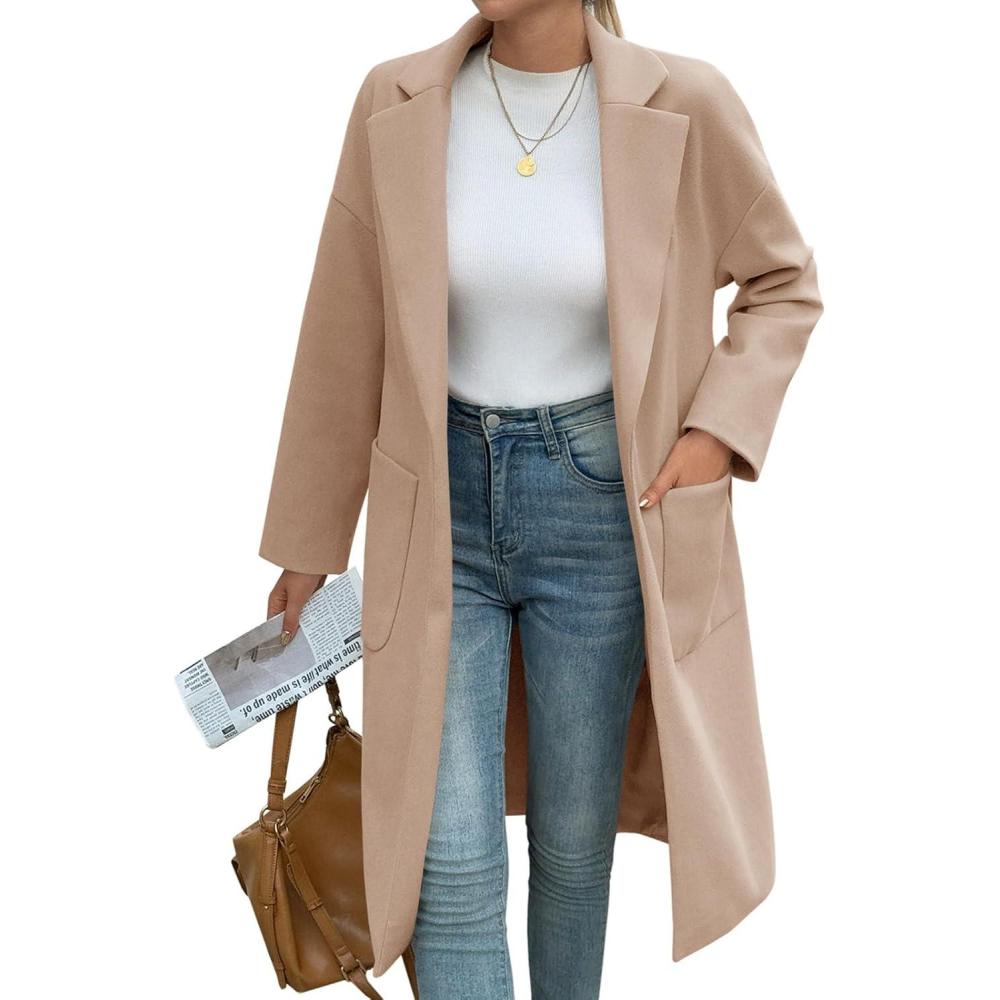 imageTankaneo Womens Long Pea Coats Open Front Lapel Jackets Casual Belted Trench Coat Overcoats with PocketsKhaki