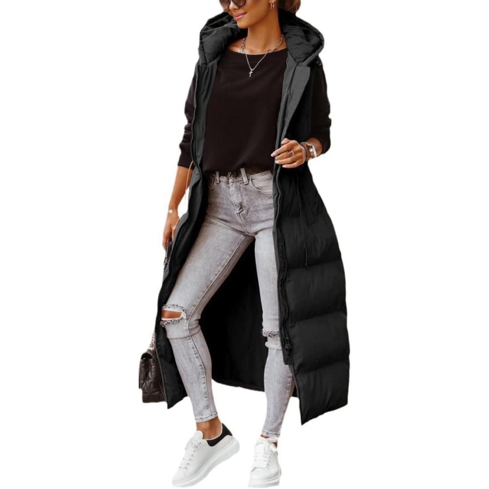 imageTankaneo Womens Long Quilted Vest Outerwear Hooded Maxi Length Sleeveless Puffer Vest Fullzip Cotton Padded CoatBlack