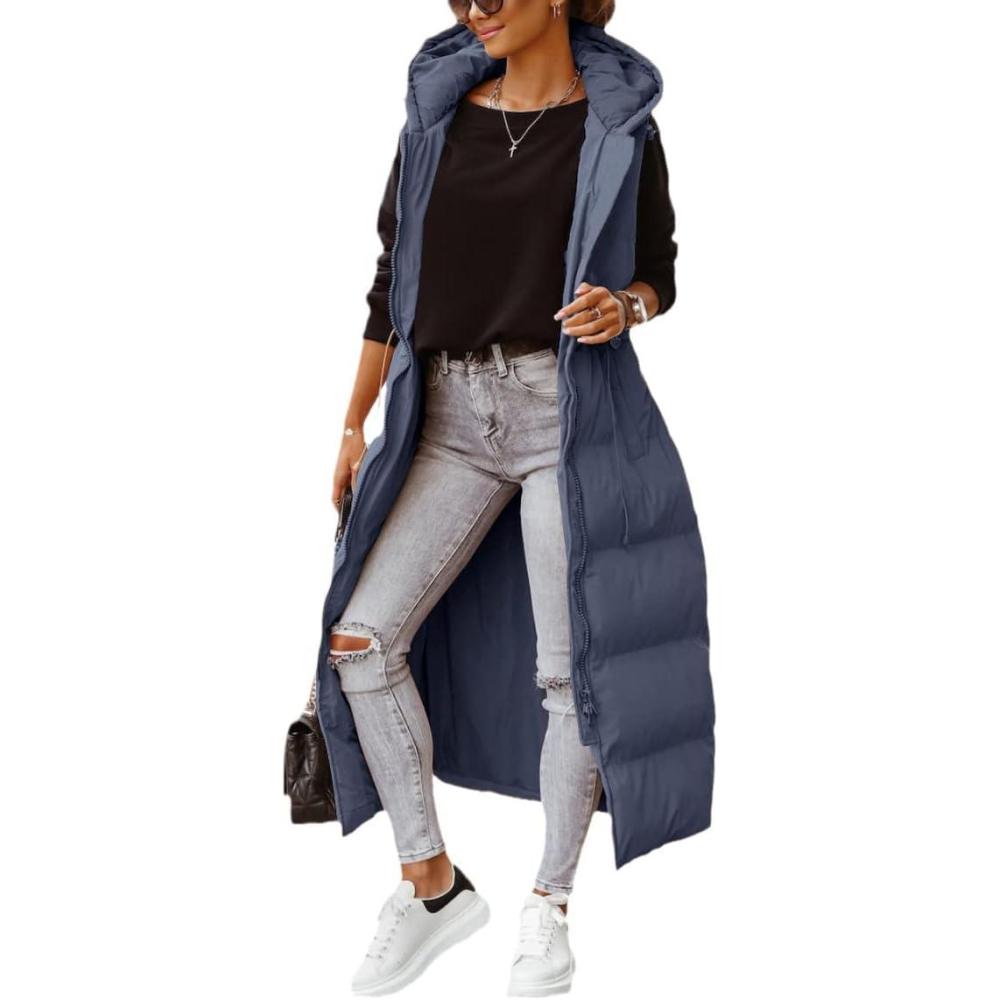 imageTankaneo Womens Long Quilted Vest Outerwear Hooded Maxi Length Sleeveless Puffer Vest Fullzip Cotton Padded CoatBlue