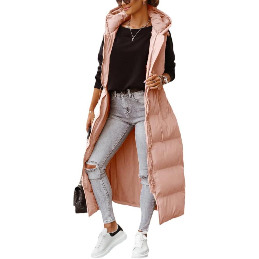 imageTankaneo Womens Long Quilted Vest Outerwear Hooded Maxi Length Sleeveless Puffer Vest Fullzip Cotton Padded CoatPink