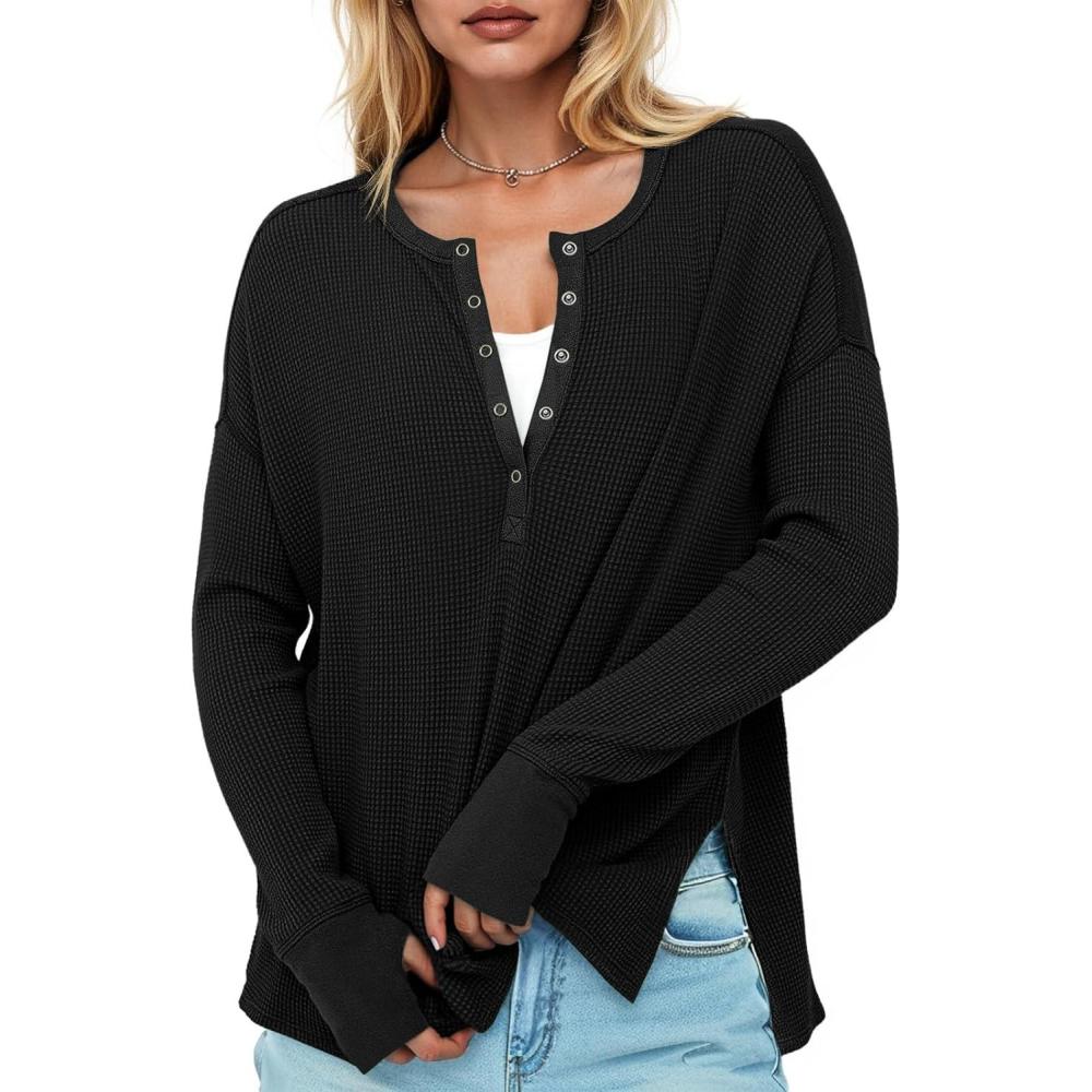 imageTankaneo Womens Long Sleeve Henley Shirts Deep V Neck Waffle Knit Tunic Tops with Thumb HoleBlack