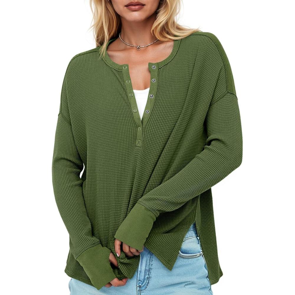 imageTankaneo Womens Long Sleeve Henley Shirts Deep V Neck Waffle Knit Tunic Tops with Thumb HoleGreen