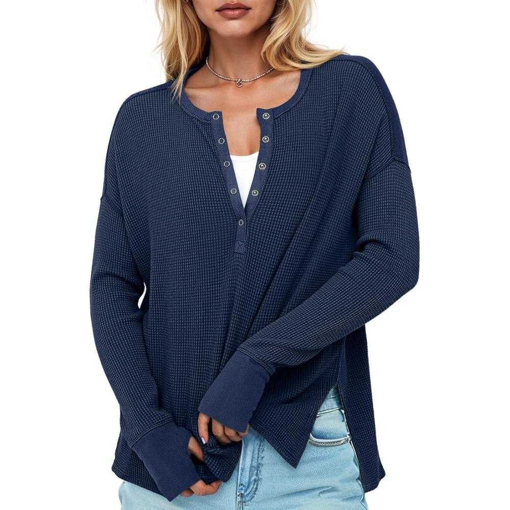 imageTankaneo Womens Long Sleeve Henley Shirts Deep V Neck Waffle Knit Tunic Tops with Thumb HoleNavy