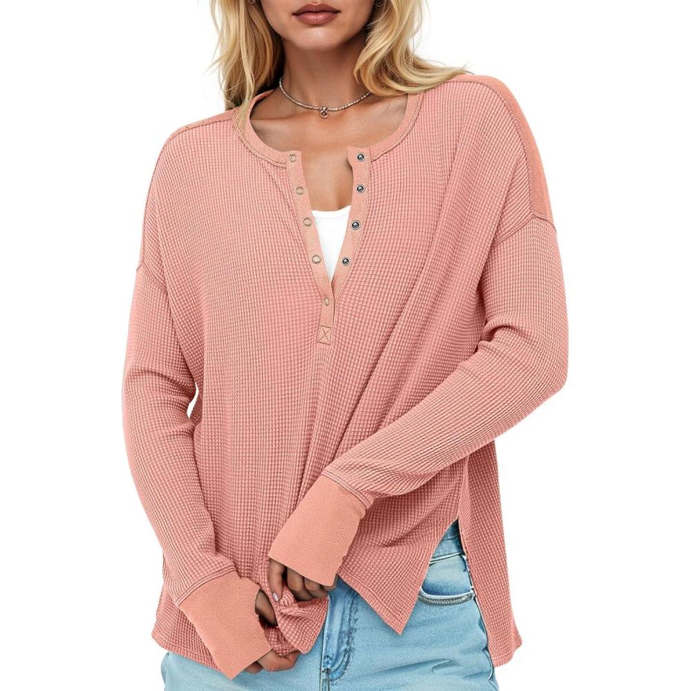 imageTankaneo Womens Long Sleeve Henley Shirts Deep V Neck Waffle Knit Tunic Tops with Thumb HolePink