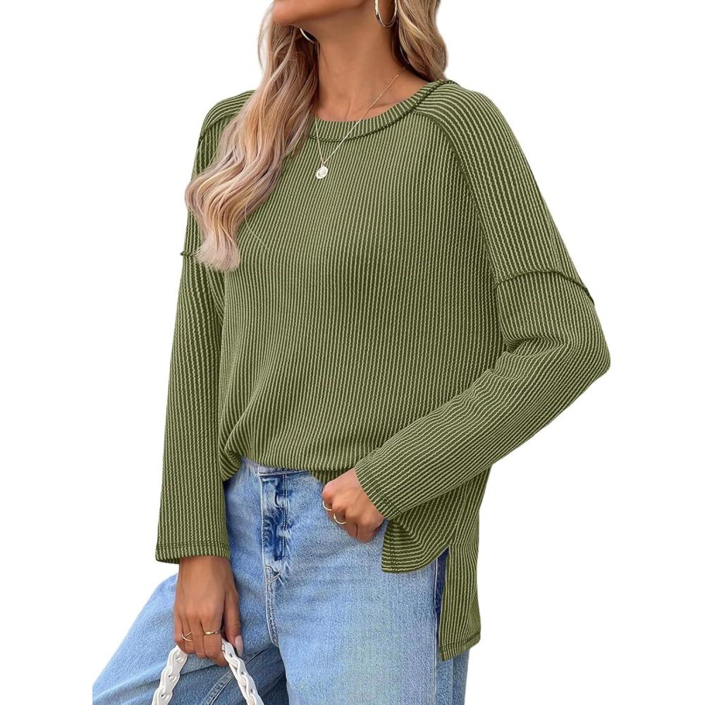 imageTankaneo Womens Long Sleeve Shirts Oversized Fall Ribbed Side Slit Tunic Tops Casual Textured Loose Fit Sweaters TeesArmy Green