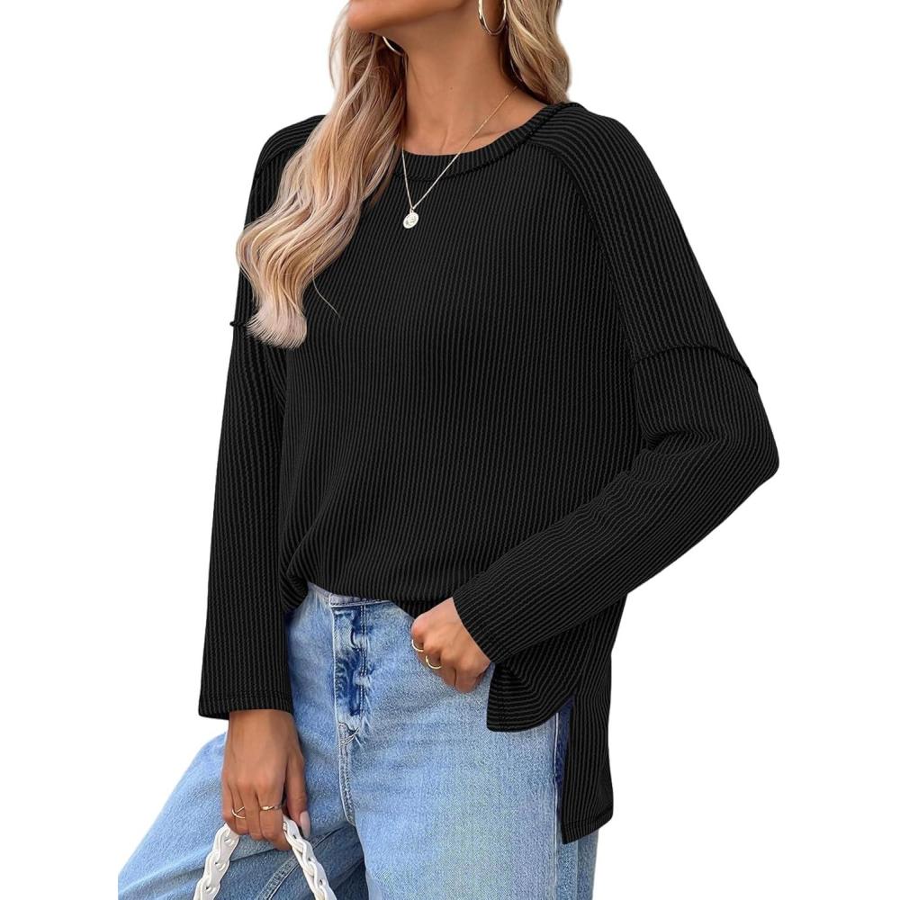 imageTankaneo Womens Long Sleeve Shirts Oversized Fall Ribbed Side Slit Tunic Tops Casual Textured Loose Fit Sweaters TeesBlack