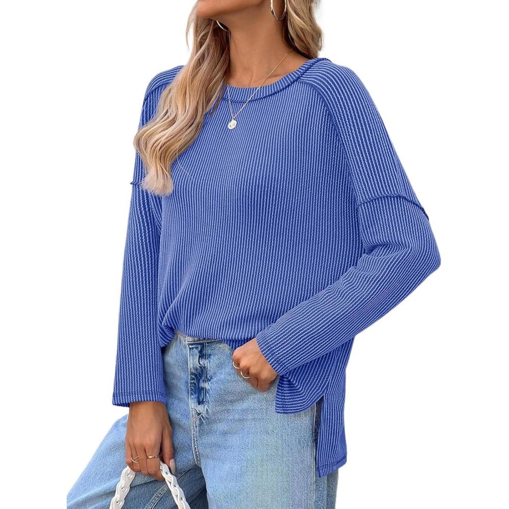 imageTankaneo Womens Long Sleeve Shirts Oversized Fall Ribbed Side Slit Tunic Tops Casual Textured Loose Fit Sweaters TeesBlue