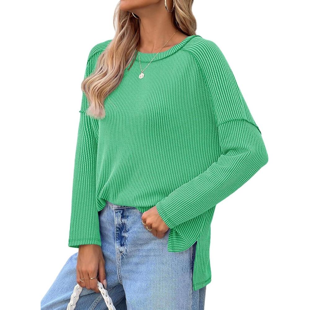 imageTankaneo Womens Long Sleeve Shirts Oversized Fall Ribbed Side Slit Tunic Tops Casual Textured Loose Fit Sweaters TeesGreen