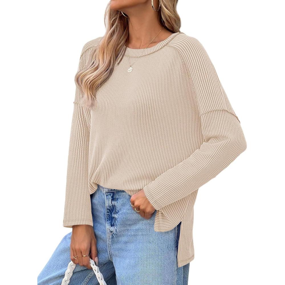 imageTankaneo Womens Long Sleeve Shirts Oversized Fall Ribbed Side Slit Tunic Tops Casual Textured Loose Fit Sweaters TeesKhaki