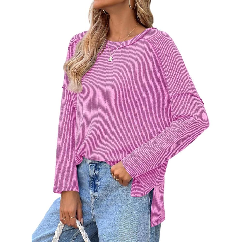imageTankaneo Womens Long Sleeve Shirts Oversized Fall Ribbed Side Slit Tunic Tops Casual Textured Loose Fit Sweaters TeesPink
