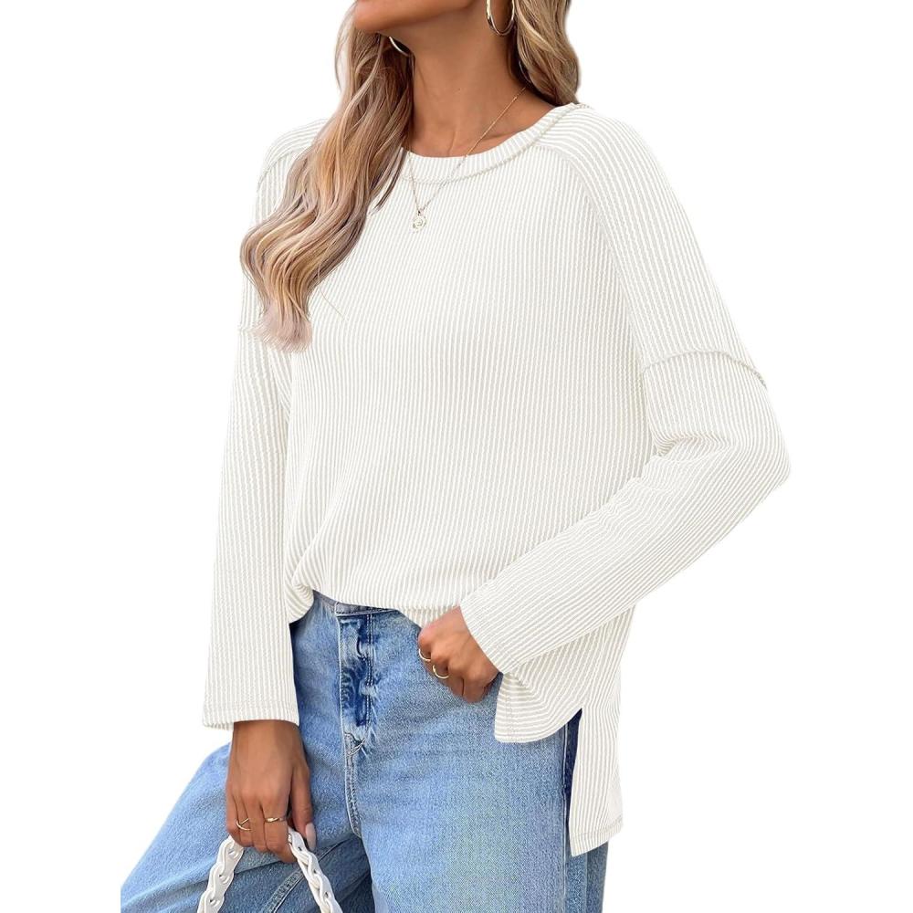 imageTankaneo Womens Long Sleeve Shirts Oversized Fall Ribbed Side Slit Tunic Tops Casual Textured Loose Fit Sweaters TeesWhite