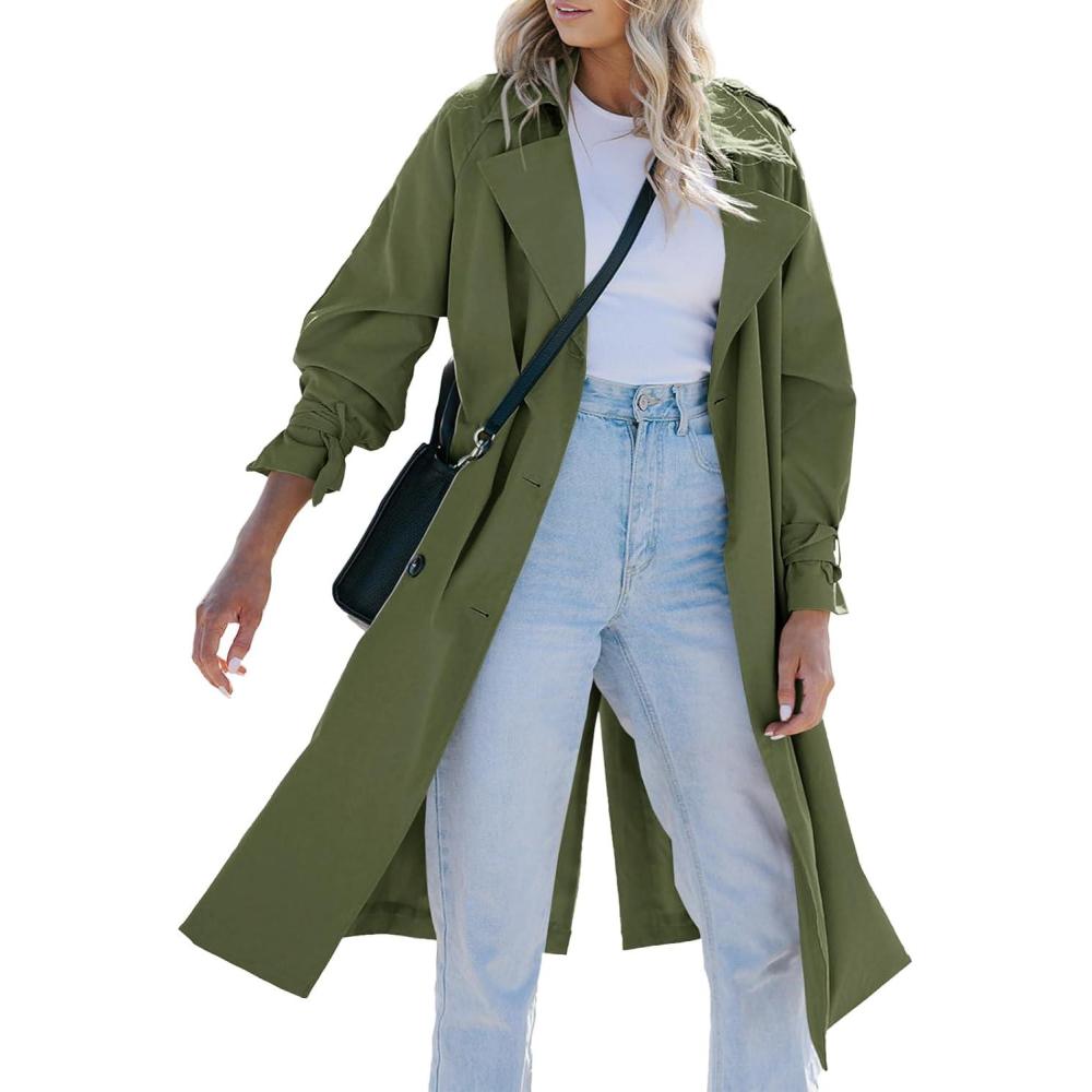 imageTankaneo Womens Long Trench Coat Double Breasted Notch Lapel Lightweight Oversized Windproof Fall Overcoat with BeltArmy Green