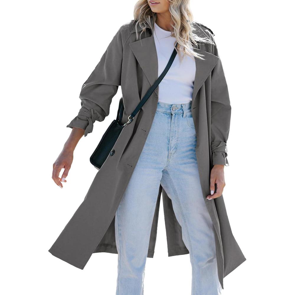 imageTankaneo Womens Long Trench Coat Double Breasted Notch Lapel Lightweight Oversized Windproof Fall Overcoat with BeltDark Gray