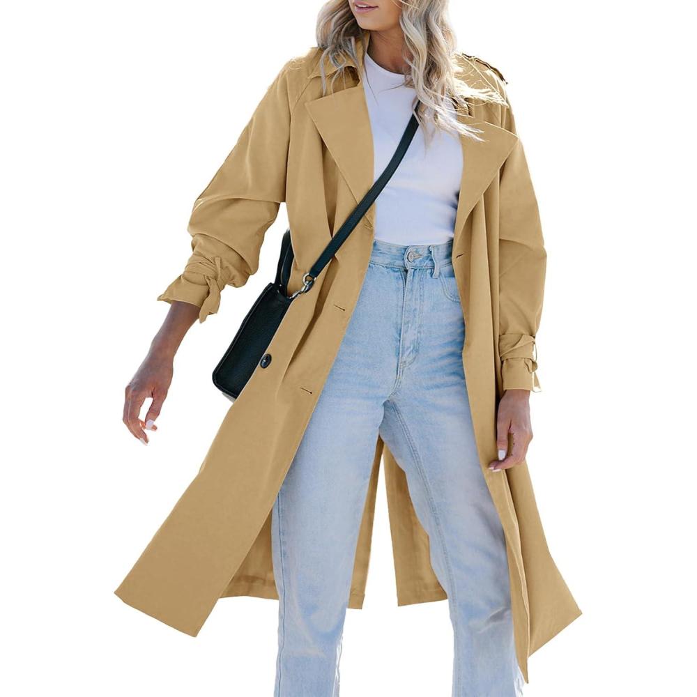 imageTankaneo Womens Long Trench Coat Double Breasted Notch Lapel Lightweight Oversized Windproof Fall Overcoat with BeltDark Khaki