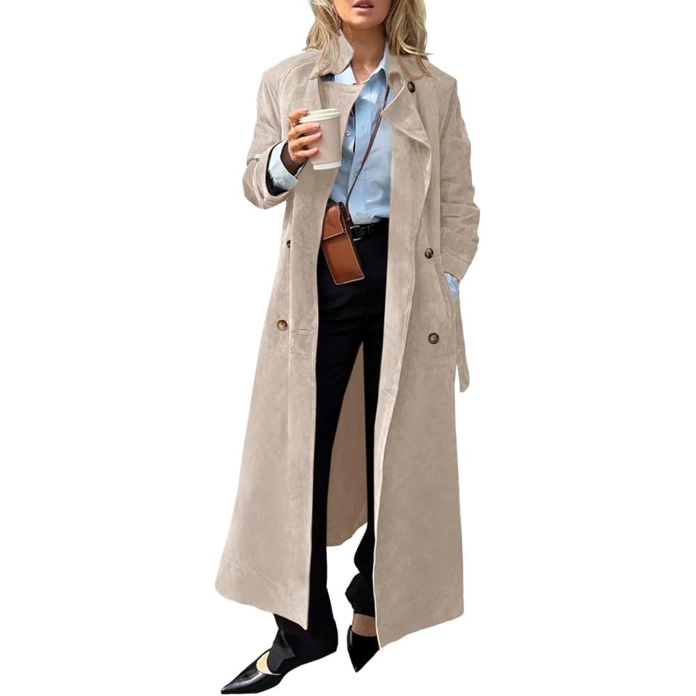 imageTankaneo Womens Long Trench Coat Fall Faux Suede Jackets Double Breasted Lapel Pea Coat with BeltBeige