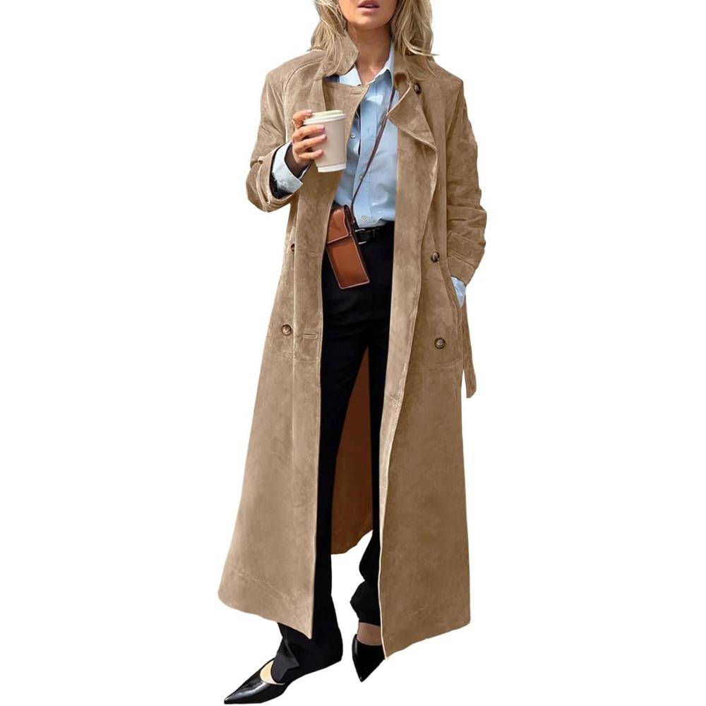 imageTankaneo Womens Long Trench Coat Fall Faux Suede Jackets Double Breasted Lapel Pea Coat with BeltKhaki