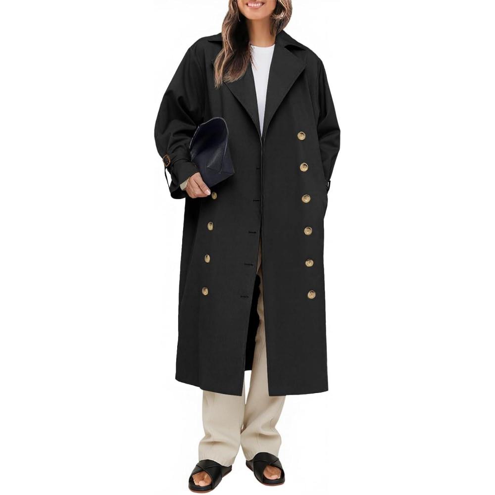 imageTankaneo Womens Long Trench Coat Oversized Double Breasted Windproof Classic Lapel Casual Fall OvercoatBlack