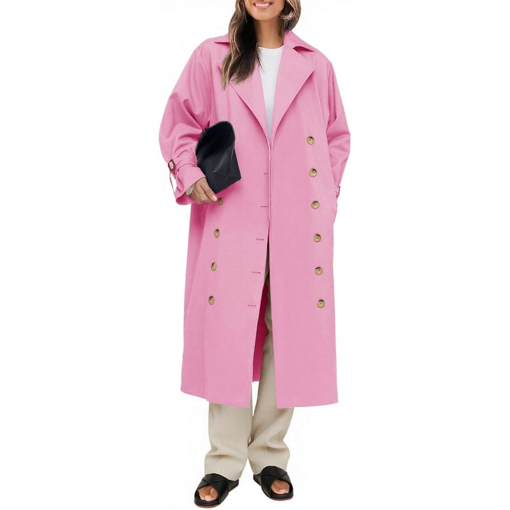imageTankaneo Womens Long Trench Coat Oversized Double Breasted Windproof Classic Lapel Casual Fall OvercoatHot Pink