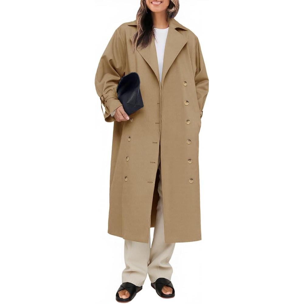 imageTankaneo Womens Long Trench Coat Oversized Double Breasted Windproof Classic Lapel Casual Fall OvercoatKhaki