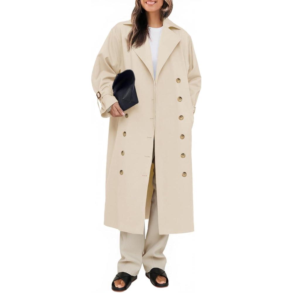 imageTankaneo Womens Long Trench Coat Oversized Double Breasted Windproof Classic Lapel Casual Fall OvercoatOffwhite