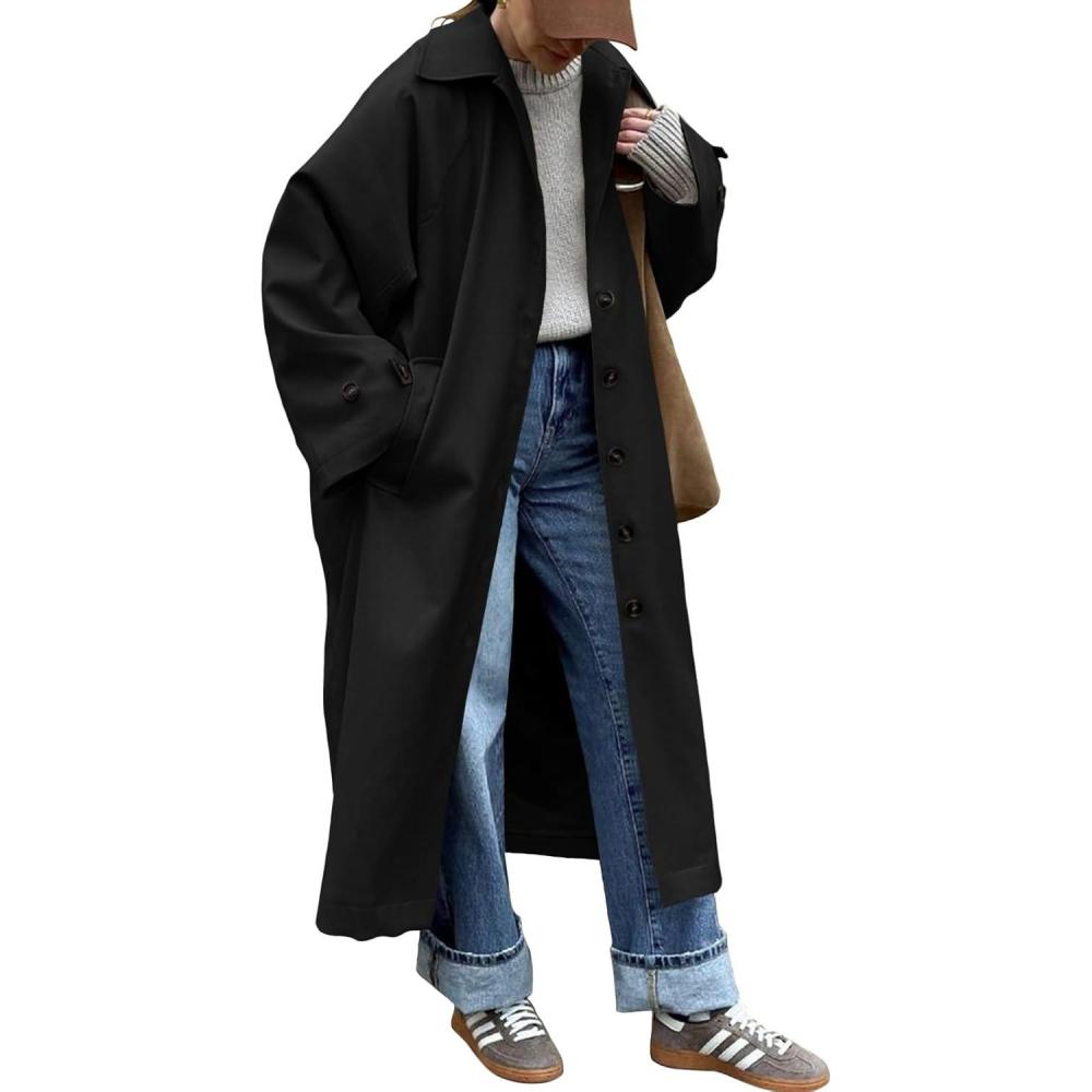 imageTankaneo Womens Long Trench Coat Single Breasted Oversized Windproof Classic Lapel Fall OvercoatBlack