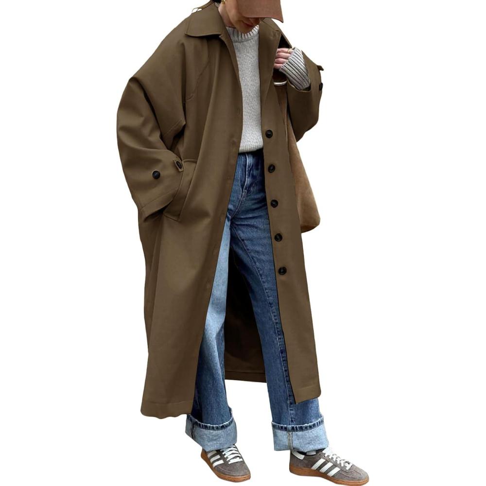 imageTankaneo Womens Long Trench Coat Single Breasted Oversized Windproof Classic Lapel Fall OvercoatBrown