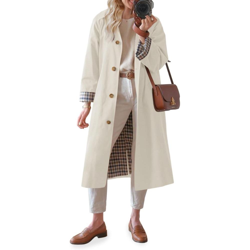 imageTankaneo Womens Long Trench Coat Single Breasted Oversized Windproof Overcoat Fashion OuterwearApricot
