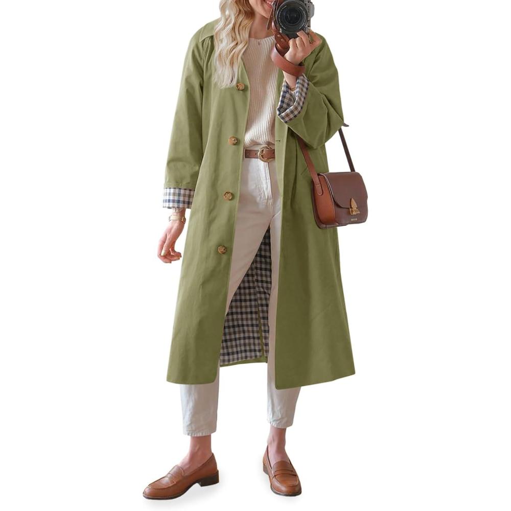 imageTankaneo Womens Long Trench Coat Single Breasted Oversized Windproof Overcoat Fashion OuterwearArmy Green