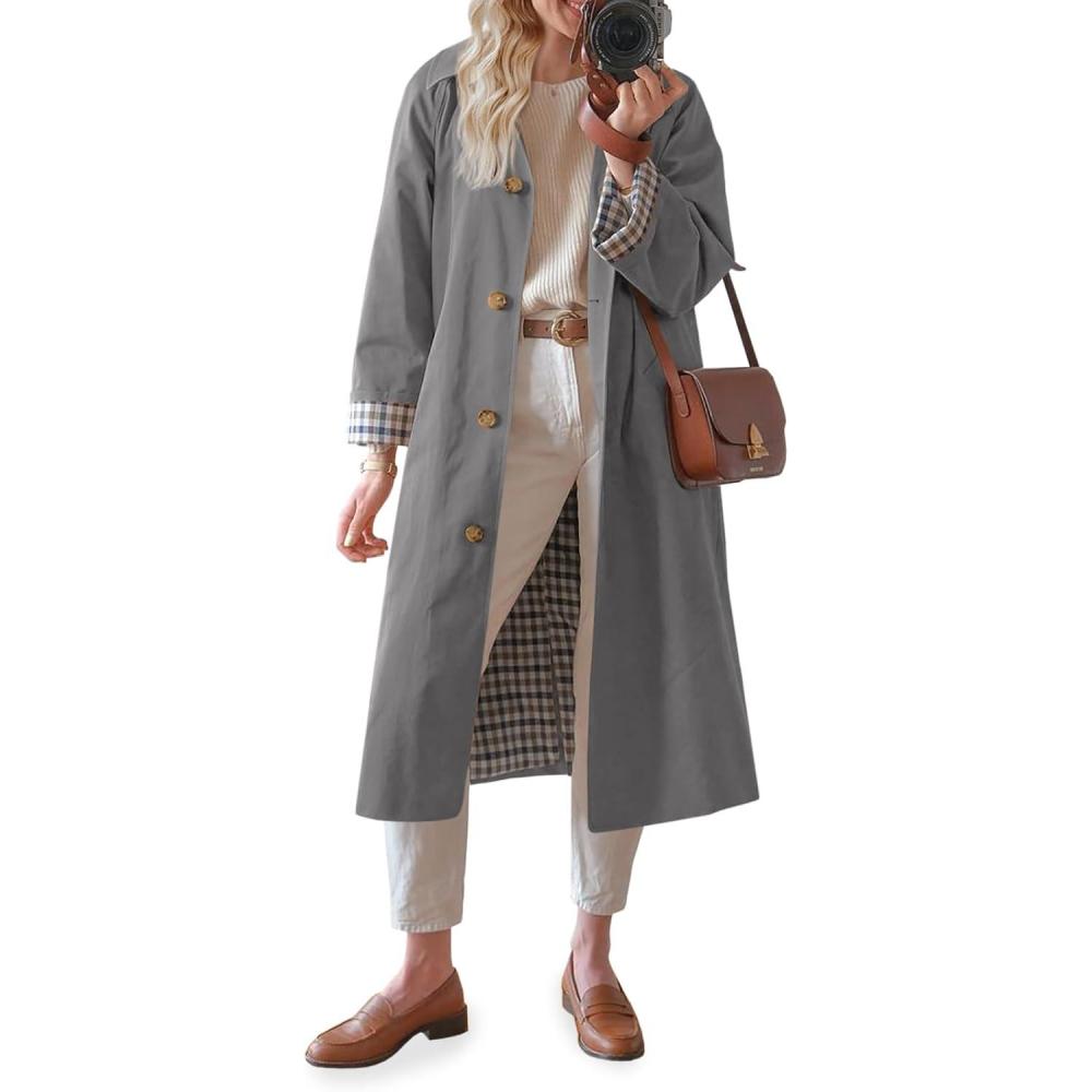 imageTankaneo Womens Long Trench Coat Single Breasted Oversized Windproof Overcoat Fashion OuterwearDark Grey