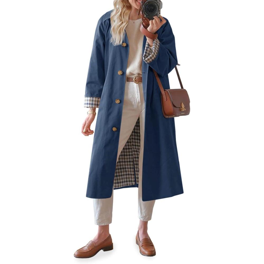 imageTankaneo Womens Long Trench Coat Single Breasted Oversized Windproof Overcoat Fashion OuterwearNavy